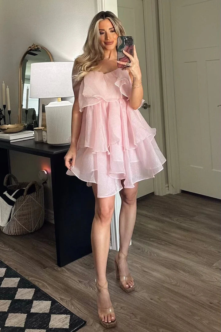 Constance Organza Tiered Ruffle Dress: Pale Blush
