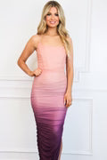 Rima Bustier Ombre Ruched Maxi Dress: Mauve/Eggplant Multi